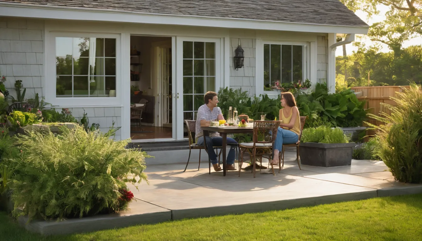 Homeowners relaxing on a new concrete patio behind a house in West Mifflin