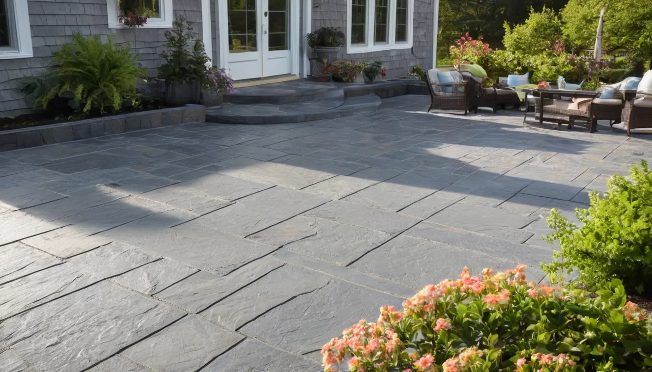 Stamped concrete patio with a stone pattern behind a Cape Cod style home in West Mifflin